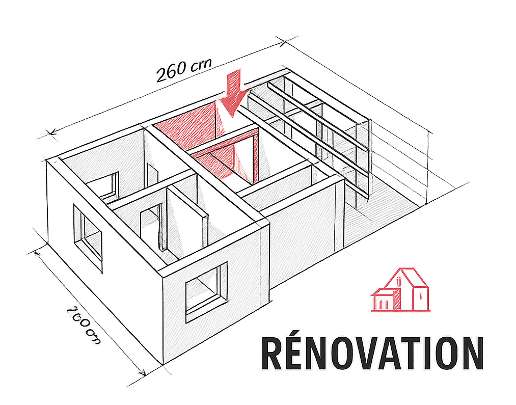 Croquis isométrique d'une rénovation avec cotes et repérage de la cloison à ouvrir